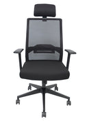 Silla Ejecuiva respaldo mesh, asiento de tela, mecanismo reclinable con bloqueo, coderas fijas con llantas.  Dimensiones:ancho t. 66 cm, profundidad 65 cm, altura 128 cm.  Disponible en negro.