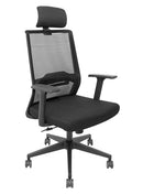 Silla Ejecuiva respaldo mesh, asiento de tela, mecanismo reclinable con bloqueo, coderas fijas con llantas.  Dimensiones:ancho t. 66 cm, profundidad 65 cm, altura 128 cm.  Disponible en negro.