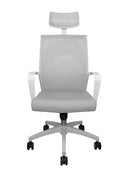 Silla operativa, respaldo mesh, asiento tela,  mecanismo reclinable con bloqueo y cabecera, coderas fijas, con llantas. Dimensiones: ancho t. 57 cm, profundidad 62 cm, altura 130 cm.  Disponible en gris