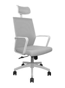 Silla operativa, respaldo mesh, asiento tela,  mecanismo reclinable con bloqueo y cabecera, coderas fijas, con llantas. Dimensiones: ancho t. 57 cm, profundidad 62 cm, altura 130 cm.  Disponible en gris