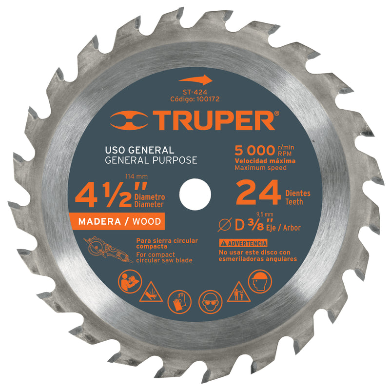 Disco sierra p/madera 4-1/2', 24 dientes, centro 3/8'