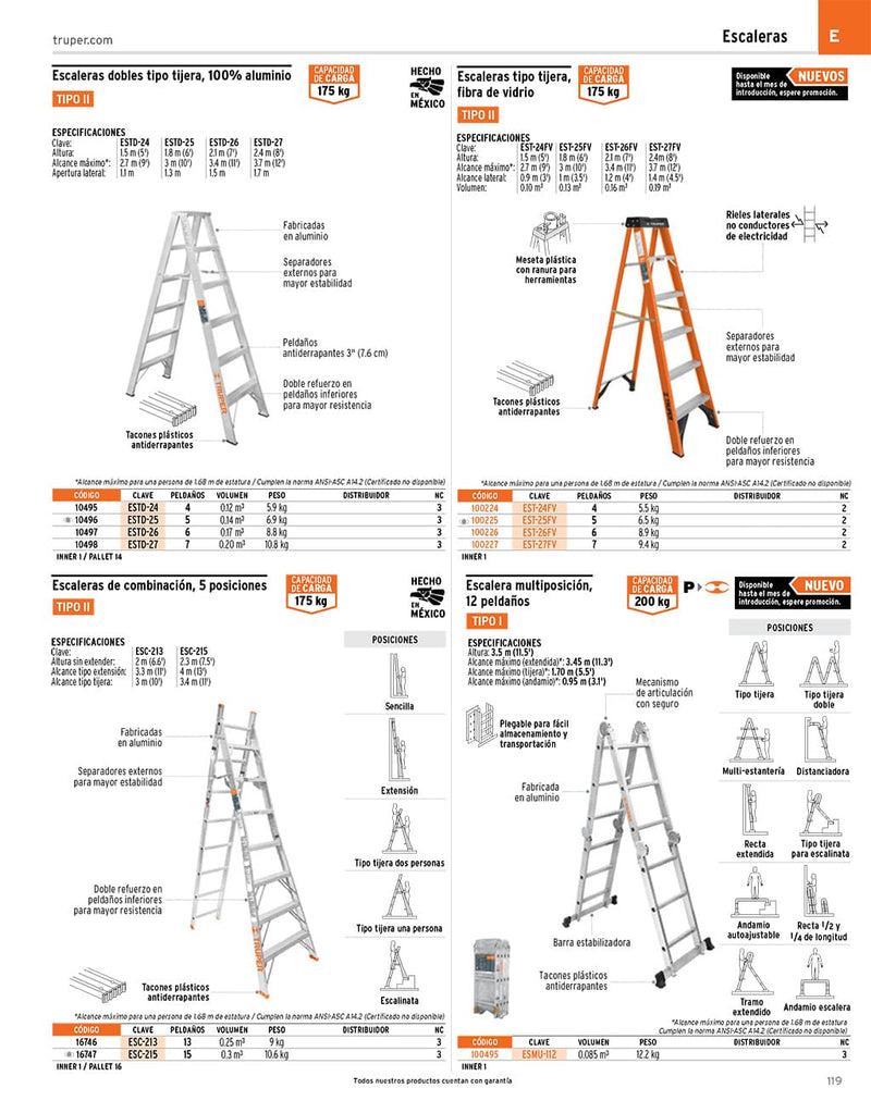 Escalera de tijera, tipo ll, 4 peldaños, fibra de vidrio