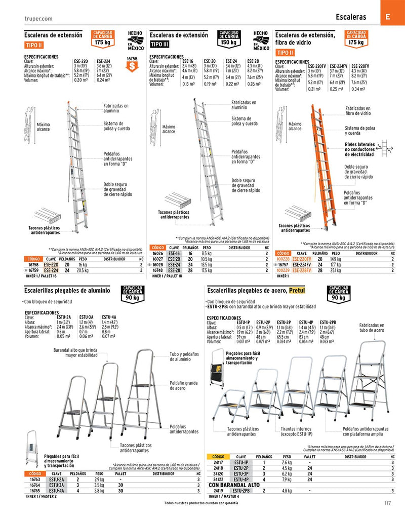 Escalera de extensión, tipo II, 28 peldaños, fibra de vidrio
