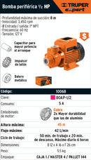 Bomba eléctrica periférica para agua 1/2 HP, Truper Expert