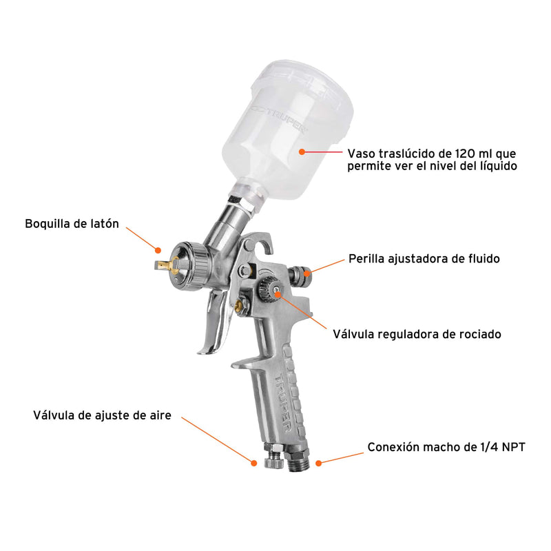 Pistola p/retoque gravedad, HVLP,vaso plástico,boquilla 1 mm