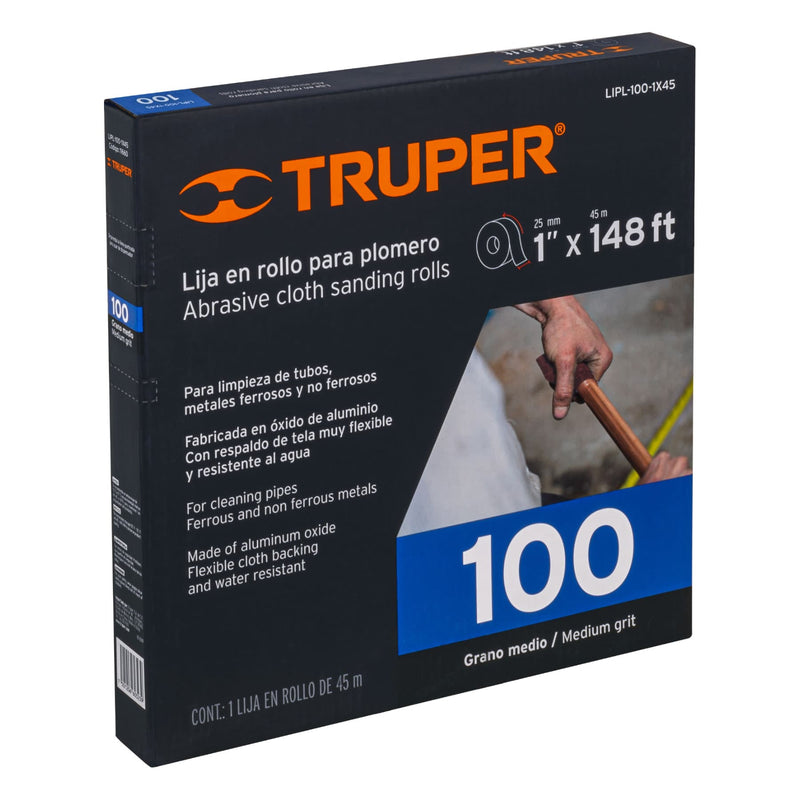 Lija para plomero grano 100, ancho 1', rollo de 45 m