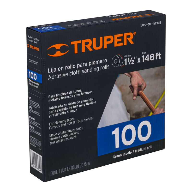 Lija para plomero grano 100, ancho 1-1/2', rollo de 45 m