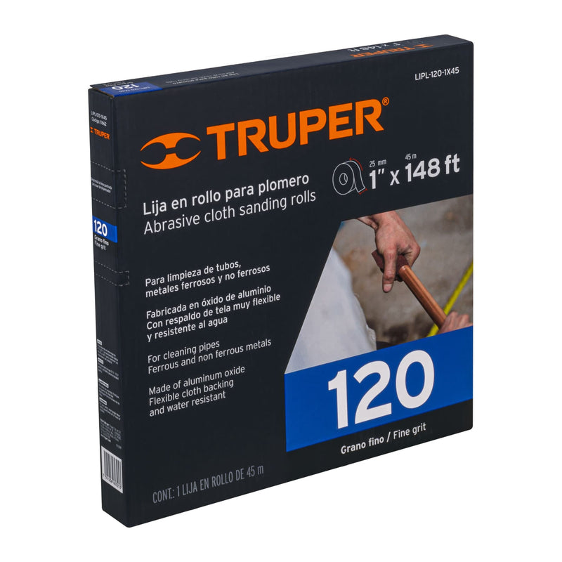 Lija para plomero grano 120, ancho 1', rollo de 45 m
