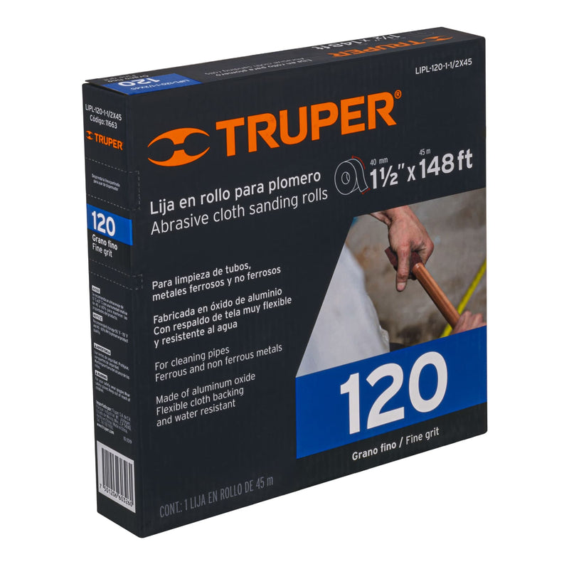 Lija para plomero grano 120, ancho 1-1/2', rollo de 45 m