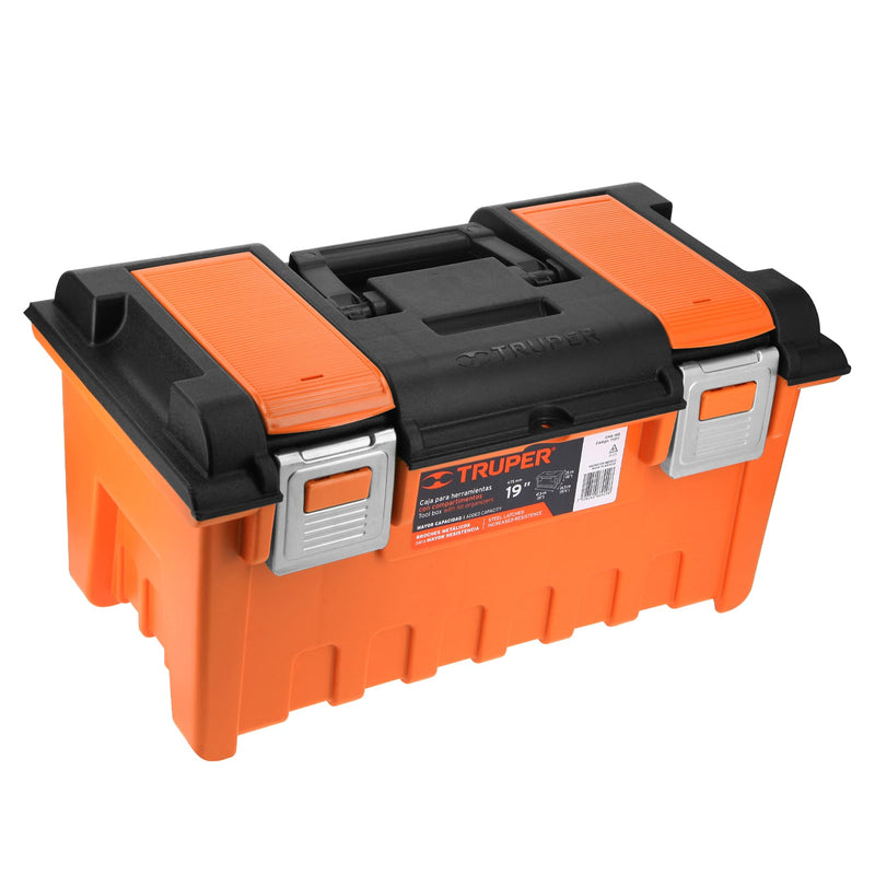 Caja plástica 19' c/compartimentos, naranja, broche metálico