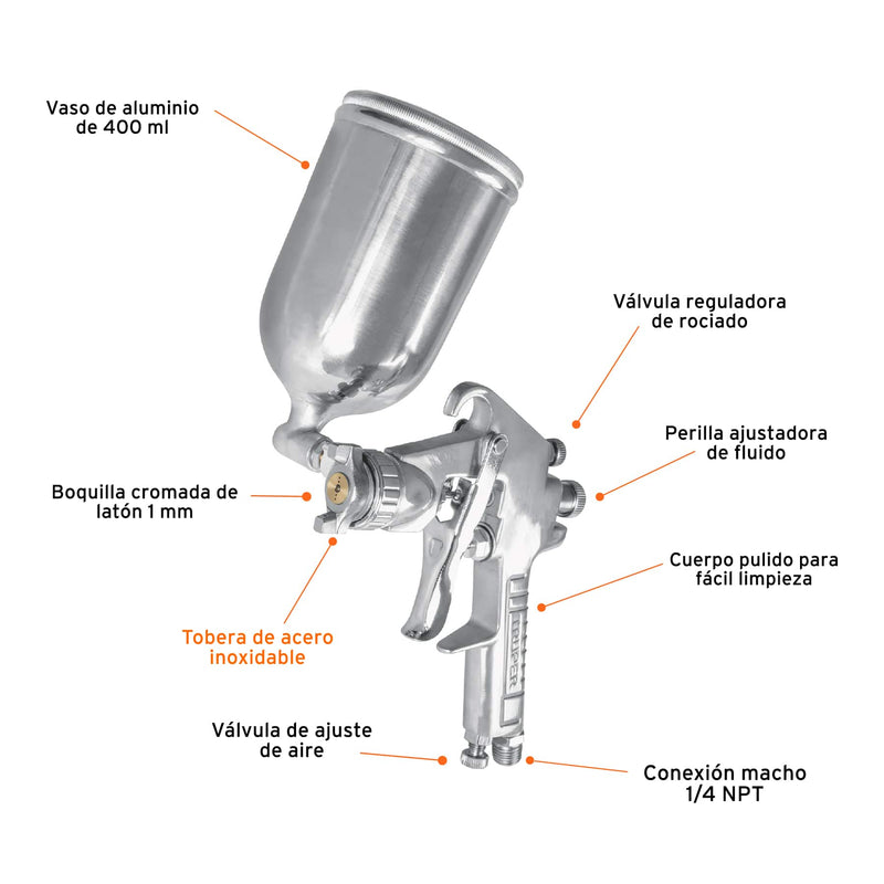 Pistola p/pintar gravedad LVMP,vaso aluminio, boquilla 1.0mm