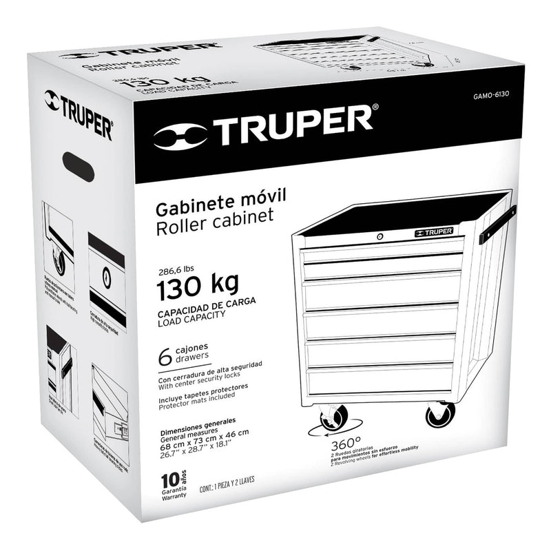 Gabinete metálico móvil, 6 cajones, capacidad 130 kg.