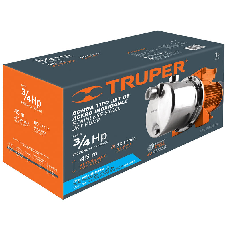 Bomba eléctrica tipo jet para agua, acero inoxidable, 3/4 HP