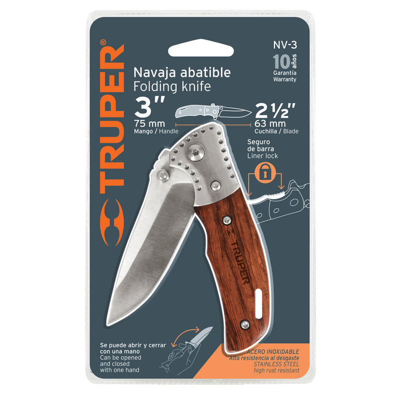 Navaja abatible, mango de madera, 3-1/2'