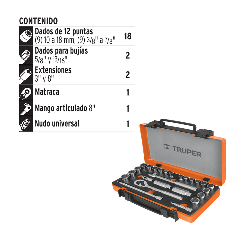 Juego de herramienta para mecánico, mixto, 3/8', 25 piezas