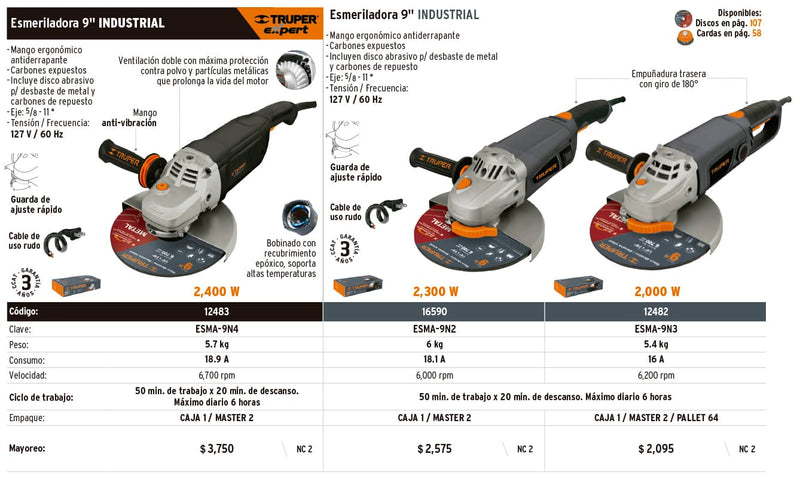 Esmeriladora angular 9', industrial, 2300 W