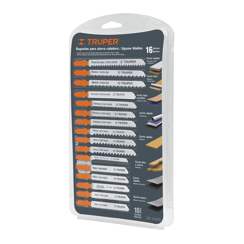 Juego seguetas caladoras, zanco T, cortes rectos, 16 pzas