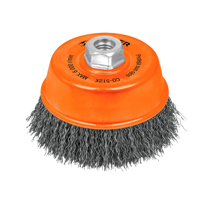 Carda de copa, alambre ondulado grueso, 5x5/8' para esmeril