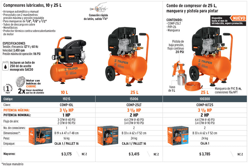 Compresor horizontal 10 L, 3-1/2' HP (potencia máx), 127 V