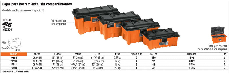 Caja para herramienta, amplia de 22', color naranja