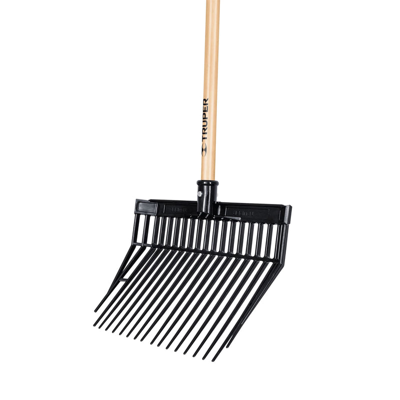 Bieldo cabeza plástica, mango de madera,16 dientes