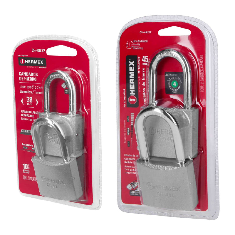 Candados de hierro, 45mm, gancho largo, blister, 2 piezas