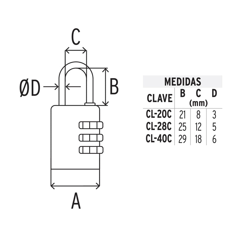 Candado de latón, 40mm de combinación, blister