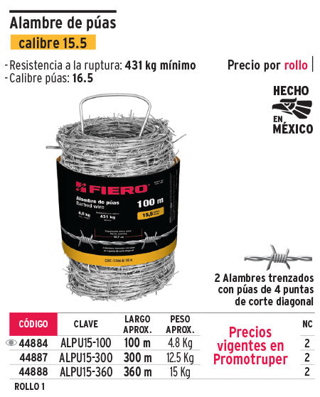 Alambre de púas, calibre 15, rollo de 100m.