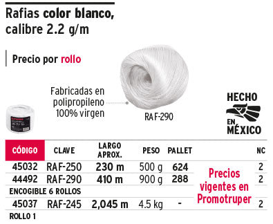 Rafia, 2.2 g/m,  4.5 kg, blanca