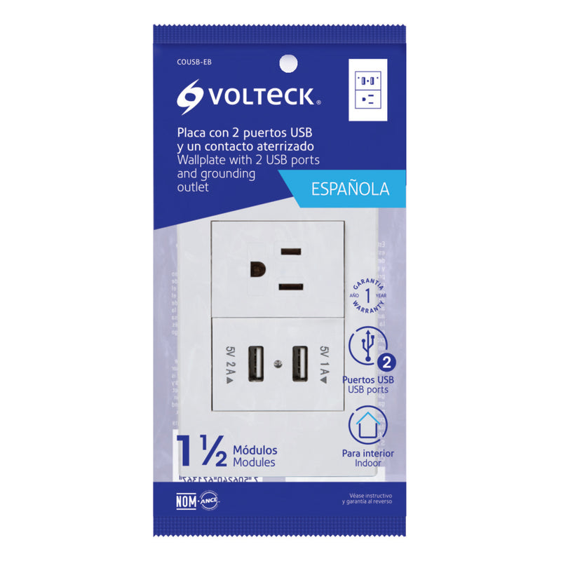 Placa armada 1contacto, 2puertos USB, 1.5mod,Española,blanco