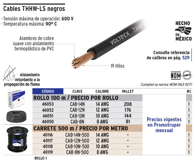 Cable THHW-LS, 12 AWG, color negro rollo 100 m