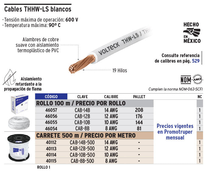 Cable THHW-LS, 14 AWG, color blanco rollo 100 m