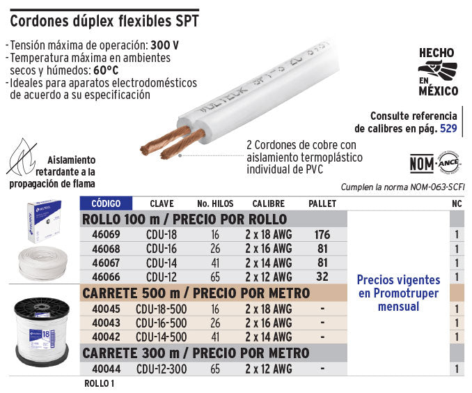 Cordón dúplex flexible SPT, 12 AWG rollo 100 m