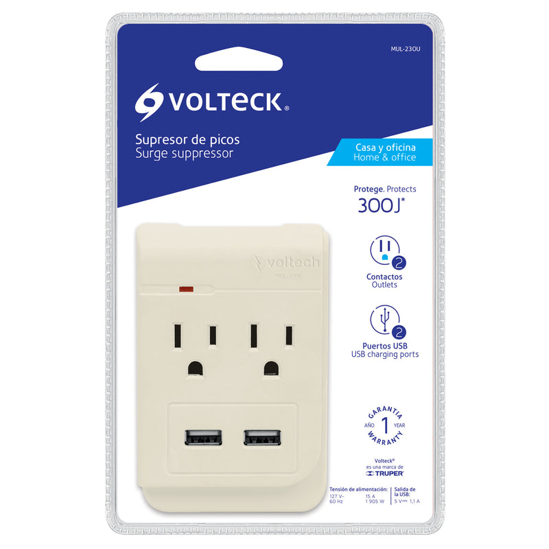 Multicontacto, 2 entradas,con 2 entradas USB, aterrizado