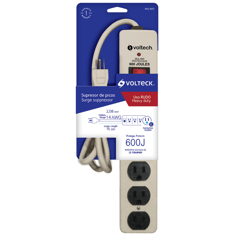 Multicontacto uso rudo, 6 entradas, supresor, 600 joules