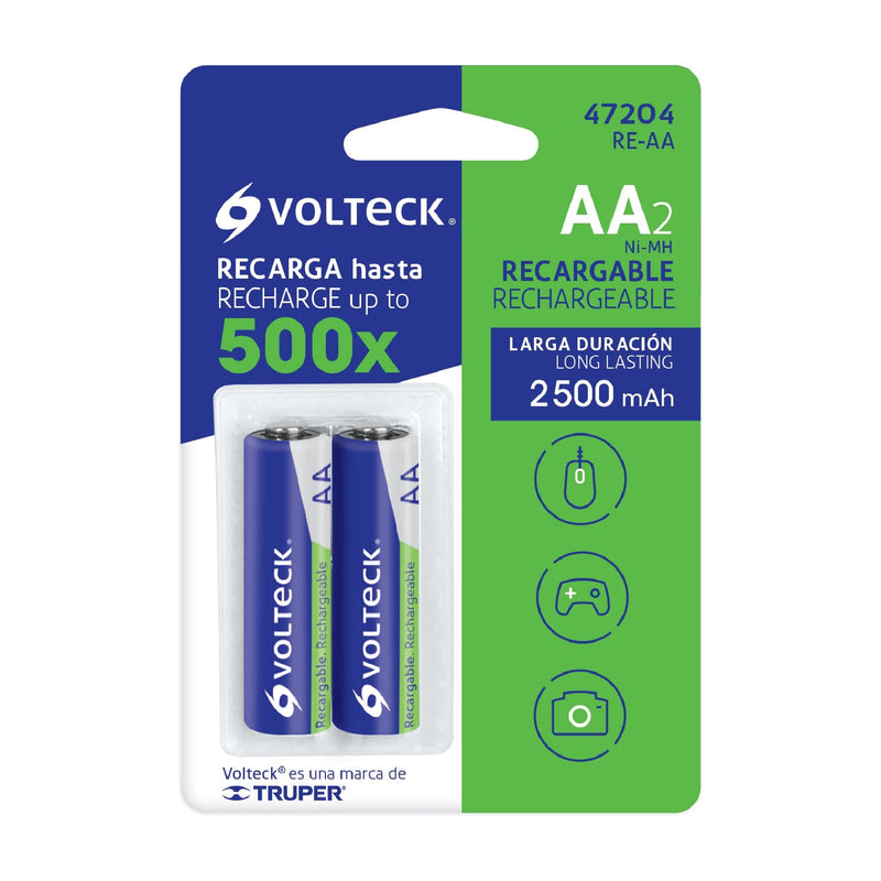 Pilas recargables, larga duración, AA, 2,500 mAh, 2 piezas