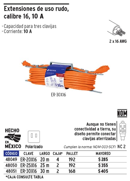 Extensión eléctrica uso rudo, 30 m, calibre 16, Volteck