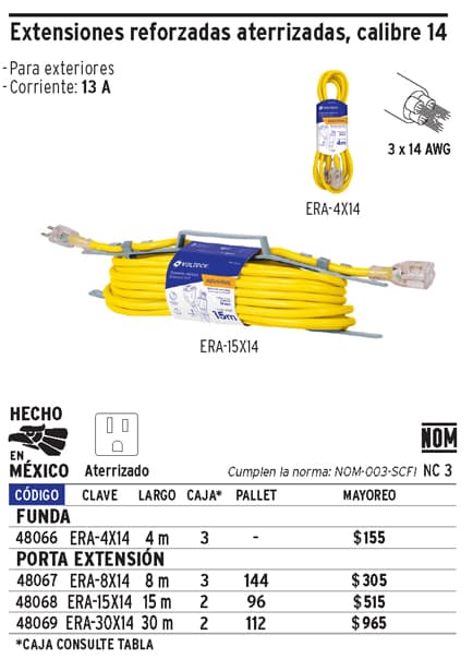 Extensión reforzada, aterrizada, 8 m, calibre 14, Volteck