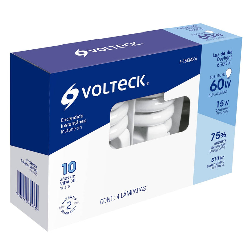 Lámpara 15 W, espiral mini, luz día, T2, en blíster 4 piezas