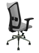 Silla Ejecutiva con respaldo mesh, asiento tela, mecanismo synchro, coderas ajustables con llantas. Dimensiones: Ancho t. 66 cm, profundidad 64 cm, altura 107 cm.  Disponible en gris, rojo y negro