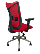 Silla Ejecutiva con respaldo mesh, asiento tela, mecanismo synchro, coderas ajustables con llantas. Dimensiones: Ancho t. 66 cm, profundidad 64 cm, altura 107 cm.  Disponible en gris, rojo y negro