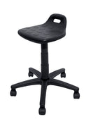 Banco multiusos negro, asiento de poliuretano,con llantas, mecanismo fijo con altura ajustable. Dimensiones: 55 cm, profundidad 55 cm, altura 64 cm.