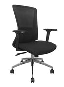 Silla Ejecutiva  respaldo mesh, asiento en tela, mecanismo synchro, coderas ajustables, con llantas.  Dimensiones: ancho t. 66 cm, profundidad 69 cm, altura 109 cm.   Disponible en gris y negro.