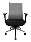 Silla Ejecutiva con respaldo mesh, asiento tela, mecanismo synchro, coderas ajustables con llantas. Dimensiones: Ancho t. 66 cm, profundidad 64 cm, altura 107 cm.  Disponible en gris, rojo y negro