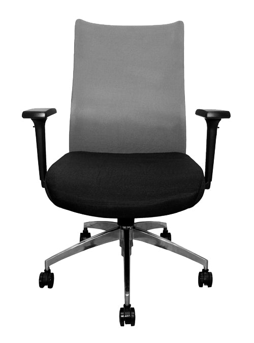 Silla Ejecutiva con respaldo mesh, asiento tela, mecanismo synchro, coderas ajustables con llantas. Dimensiones: Ancho t. 66 cm, profundidad 64 cm, altura 107 cm.  Disponible en gris, rojo y negro