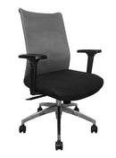 Silla Ejecutiva con respaldo mesh, asiento tela, mecanismo synchro, coderas ajustables con llantas. Dimensiones: Ancho t. 66 cm, profundidad 64 cm, altura 107 cm.  Disponible en gris, rojo y negro