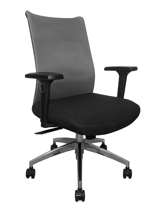 Silla Ejecutiva con respaldo mesh, asiento tela, mecanismo synchro, coderas ajustables con llantas. Dimensiones: Ancho t. 66 cm, profundidad 64 cm, altura 107 cm.  Disponible en gris, rojo y negro