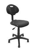 Silla multiusos, respaldo y asiento de poliuretano, mecanismo fijo con altura y profundidad ajustable. Dimensiones: ancho t. 46 cm, profundidad 56 cm, altura 99 cm.