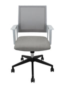 Silla Secretarial Operativa respaldo mesh, asiento tela, mecanismo reclinable con bloqueo, coderas fijas con llantas.   Dimensiones: ancho t. 58 cm, profundidad 57 cm, altura 108 cm.  Colores en tela: gris,negro,  coderas blanco o  negro.