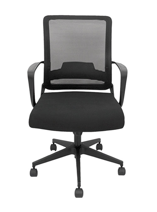 Silla operativa, respaldo mesh, asiento tela,  mecanismo reclinable con bloqueo, coderas fijas, con llantas. Dimensiones: ancho t. 60 cm, profundidad 60 cm, altura 108 cm.  Disponible en negro